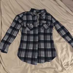 Justify, M (10/12), Navy & Pink Flannel Button up Shirt